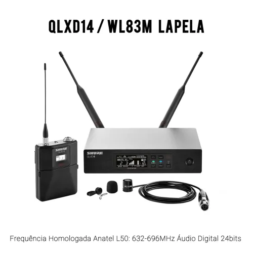 Microfone Lapela Sistema Sem Fio Shure QLXD14/WL183MB/O-TQG L50 632-696MHz Digital 24 bits