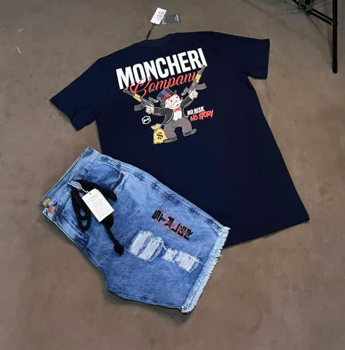 Kits de camisas de algodão e bermudas jeans modelo despojadas