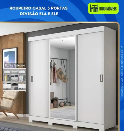ROUPEIRO CASAL 3 PORTAS DESLIZANTE/DIVISÃO ELE E ELA.