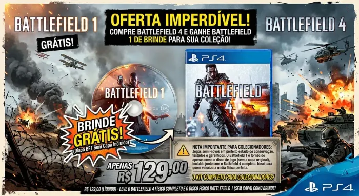Battlefield 1 & 4 - 2 jogos (PS4) Mídias Físicas Original - Estado de Novo - Liquido!