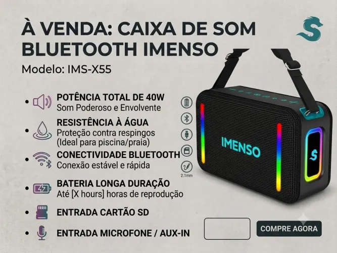 Caixa de Som Bluetooth 40W LED RGB Cartão SD - Nova