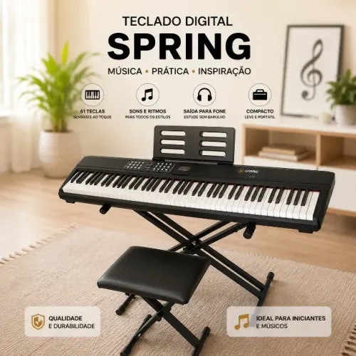 Teclado Digital Spring com Suporte e Banqueta 88 Teclas Piano
