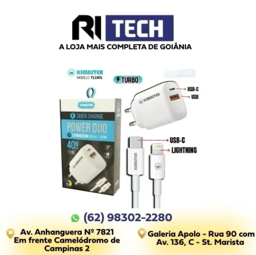 Kit Carregador Turbo 40W Kimaster USB-C Lightning Carga Super Rápida