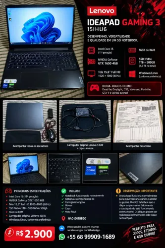 Notebook Gamer Lenovo IdeaPad Gaming 3 GTX 1650 | i5 11ª Geração | 16GB RAM | 1,5TB SSD