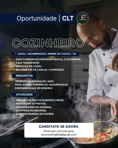 COZINHEIRO - Barra da Tijuca e Freguesia