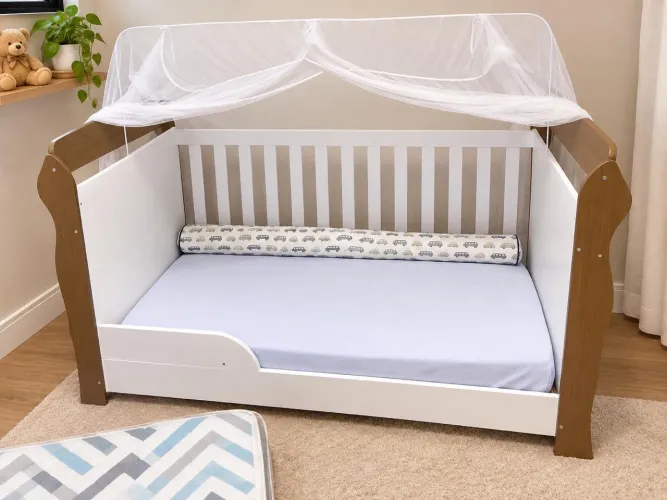 Berço que vira cama de 3 níveis, com colchão ortobom e capa impermeável 