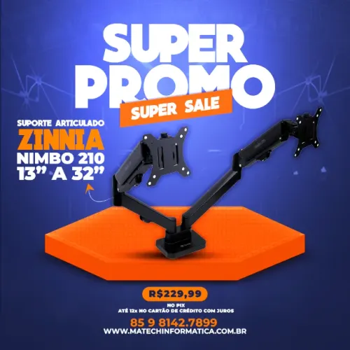 Suporte Articulado para 2 Monitores e TVs - Zinnia Nimbo 210 - 13" a 32" - Preto