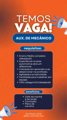 VAGA PARA AUXILIAR DE MECÂNICO