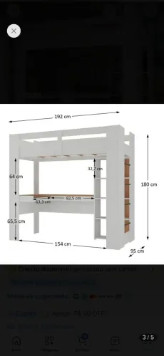Cama solteira alta multifuncional com escrivaninha e estante