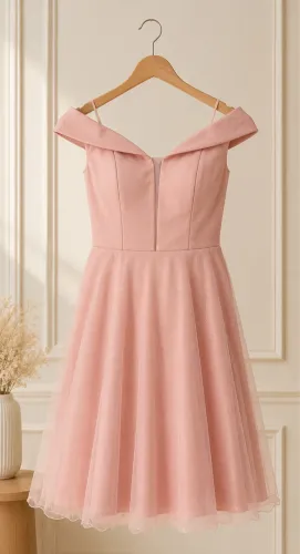 Vestido de Festa Rosa Ombro a Ombro com Brilho