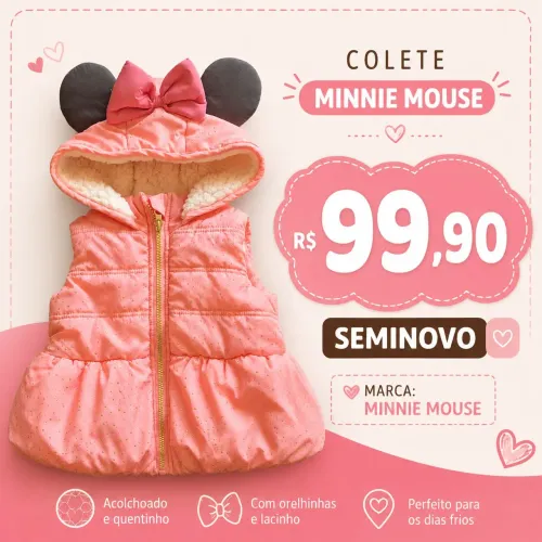Colete rosa acolchoado com capuz, orelhinhas de Minnie