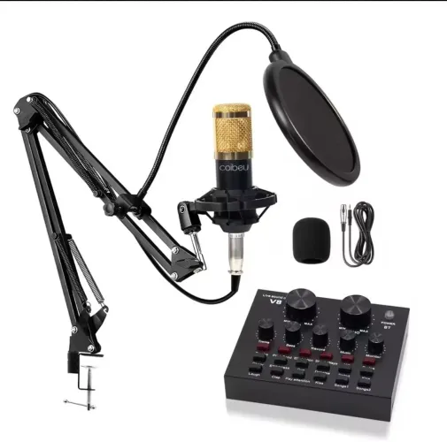 Kit podcast, microfone condensador com mesa de som e braço articulado