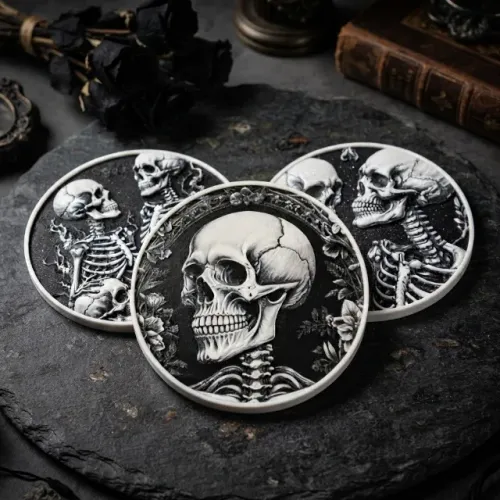 Porta-Copos Góticos de Caveira Jogo com 4 e Suporte 10 cm
