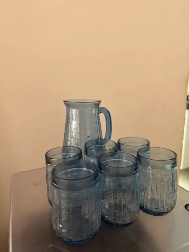 Conjunto Antigo Jarra e 6 Copos Vidro Azul Vintage Retrô
