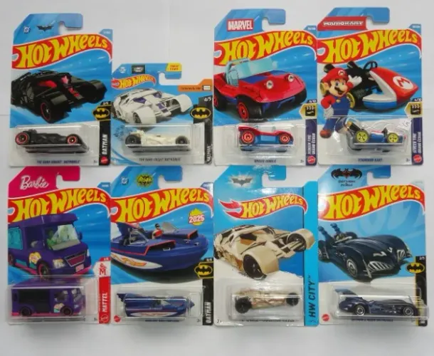 hot wheels lote com 8 tematicos batman super mario barbie homem aranha veja hotwheels
