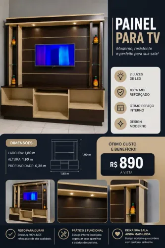 Painel para TV 100% MDF com LED | R$ 890
