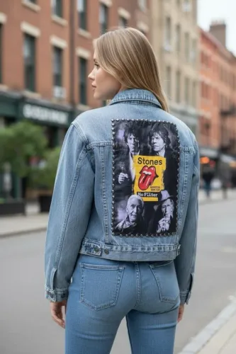 Jaqueta jeans customizada Rolling Stones tamanho M