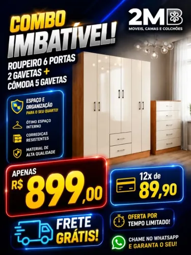 Combo Roupeiro 6 Portas + Comoda 5 Gavetas