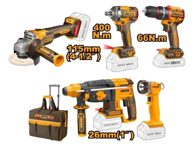Super Combo 5 Em 1 Ferramentas Ingco Bateria 20v Brushless