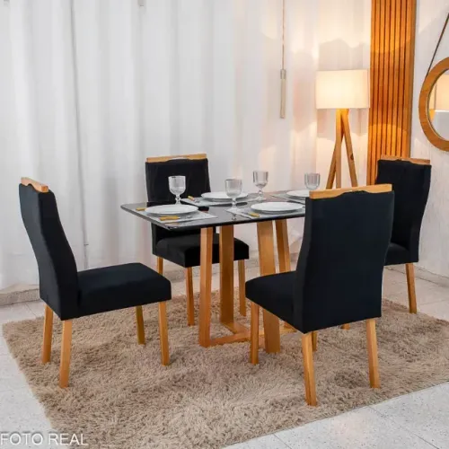 Mesa de Jantar Pedro 120×80 Vidro Preto 4 Cad Lisboa Veludo Preto Madeira - Entrega Rápida