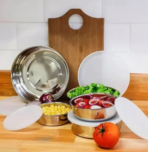 Potes em inox com tampa plástica para armazenar 