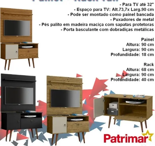 Sala Quarto Painel Rack Tv Aparador Para TV até 32" - Pés palito em madeira maciça - Porta