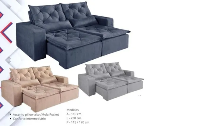 Sala Sofá Retrátil Mola Pocket -Assento Pillow Alto -Cinza,Azul e Bege