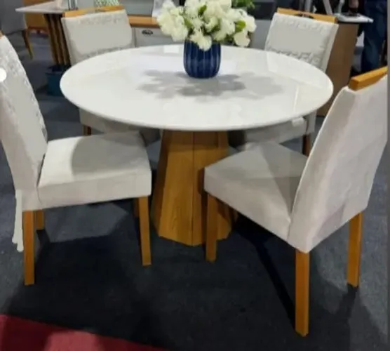 mesa de jantar redona 4 lugares simon cadeiras linho