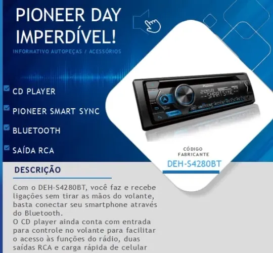 CD player com Bluetooth, USB e controle