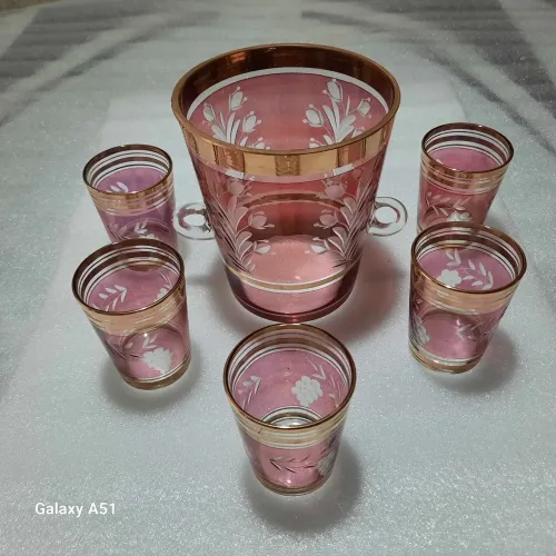 Conjunto de copos e jaro para Drinks em cristal vermelho lapidado, vintage, anos 60.