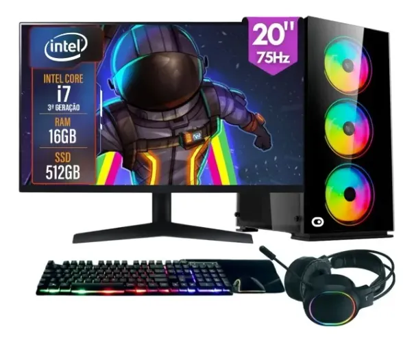 Computador Gamer Completo  Rgb Intel Core i7 16Gb Ram Ssd 512Gb Fonte 500W Monitor 