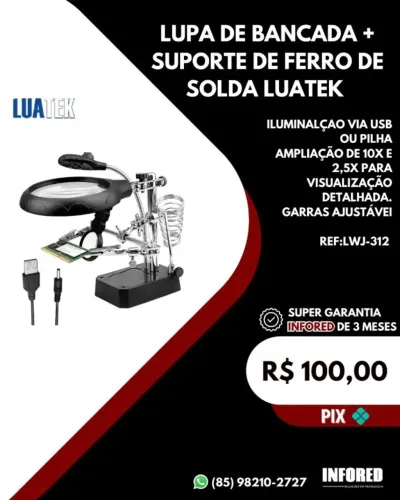 Lupa de bancada com suporte para ferro de solda 