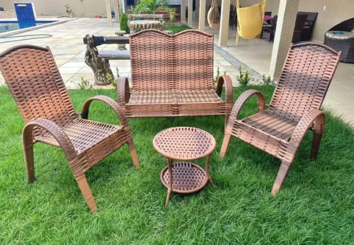 Conjunto de Sofá e Poltronas de Vime para Área Externa