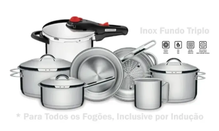 Panelas Tramontina Inox Fundo Triplo 07pcs, Com Panela Pressão 06L