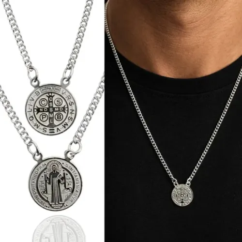 colar escapulario medalha redondo sao bento aço inox prata 30cm unisex