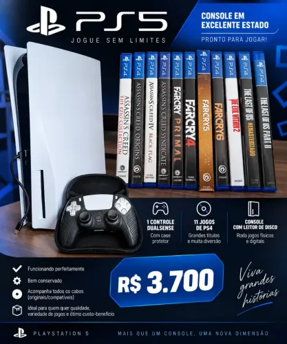 ? PLAYSTATION 5 + 11 JOGOS + CONTROLE - R$ 3.700