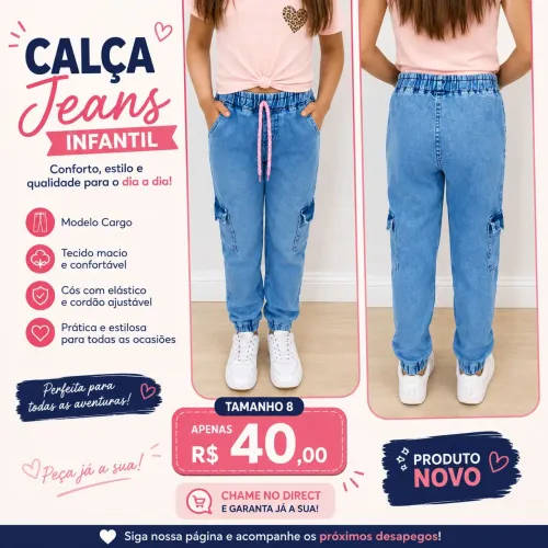 ? Calça Jeans Infantil Cargo ?<br>? Linda, confortável e estilosa!
