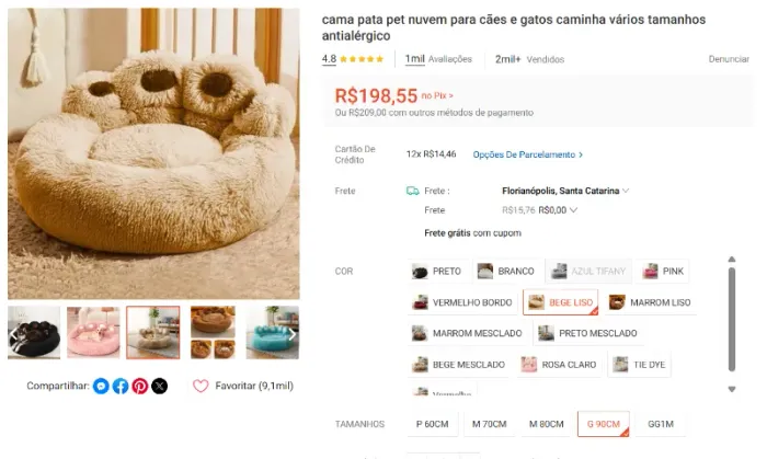 Cama pata pet nuvem para cães e gatos