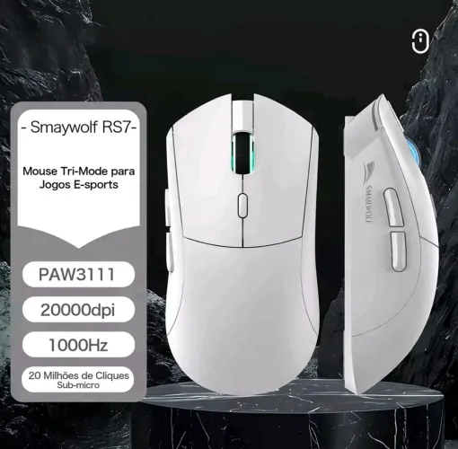 Mouse RS7 Sensor PAW3311 Tri-Mode (2.4G/BT/Cabo) SMAILWOLF Branco