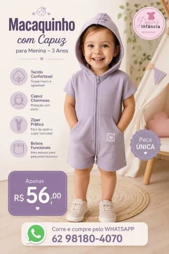 MACAQUINHO MANGA CURTA COM CAPUZ 3 ANOS QUIMBYBABY
