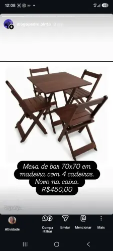Mesa de bar, em madeira 70x70 com 4 cadeiras (cerveja Itaipava). Novo, na caixa.