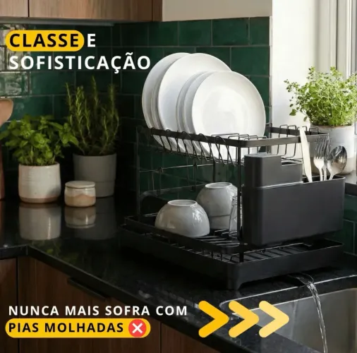 Escorredor De Louça Com Porta Pratos Talheres Tábua Copos Aço Preto Compacto Duplo
