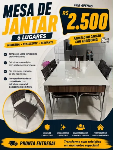 Mesa de inox com tampão de vidro com 6 cadeiras