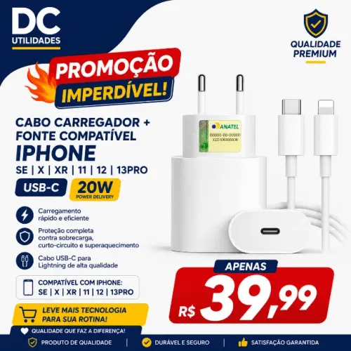 Cabo Carregador + Fonte Compatível iPhone SE X Xr 11 12 13pro Usb-c 20w