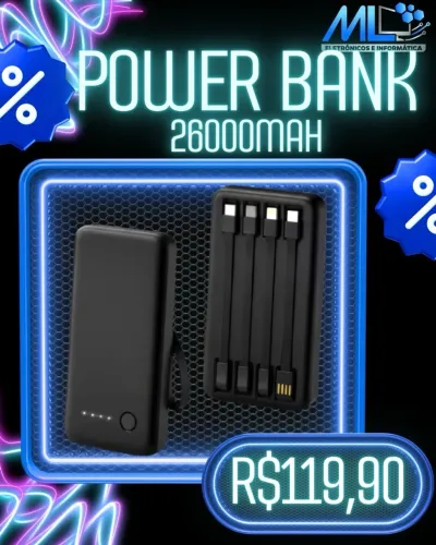 Power Bank 26.000mAh - Carregador Portátil com Cabos Integrados