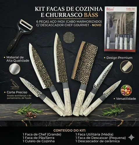 Kit Facas De Cozinha E Churrasco Bass - 6 Peças Aço Inox