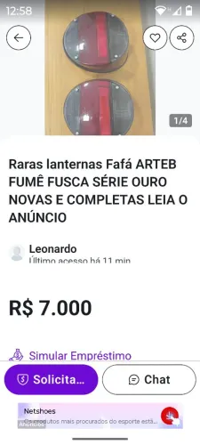 LANTERNAS ARTEB FUMÊ FUSCA Série Ouro- CUIDADO! ESTE ANUNCIO É GOLPE!!