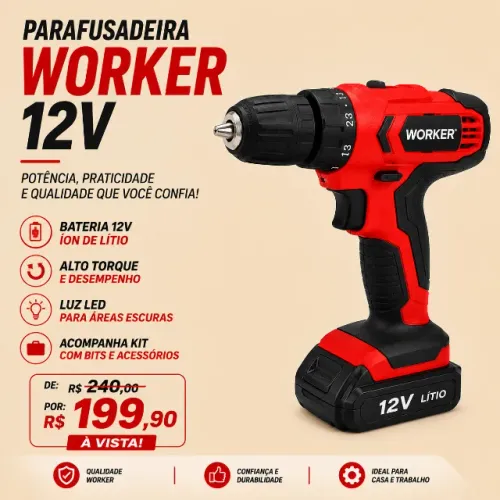 Parafusadeira 12v C/13 pçs Worker: 199,90 avista