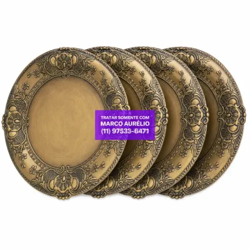 Conjunto Jogo 4x Rafimex Sousplat Redondo Ouro Polipropileno 38 CM Copa e Cia Mesa Posta