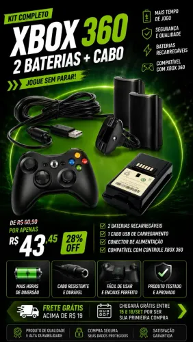 Kit 2 Bateria E Cabo Recarregável Para Controle Xbox 360